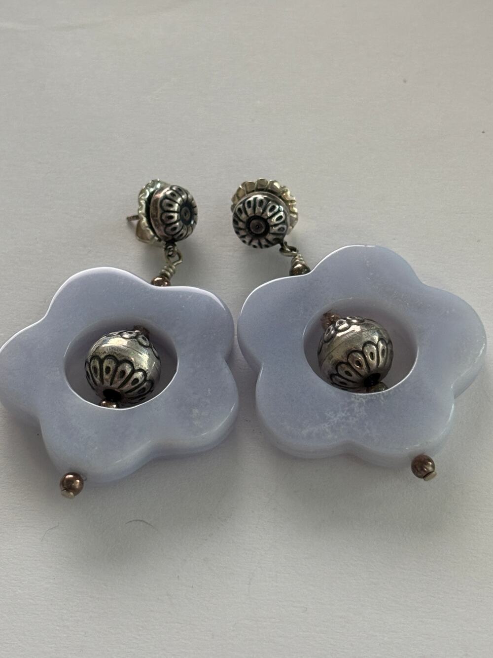 Sterling Silver Carved Blue Lace Agate Flower Dangle Earrings